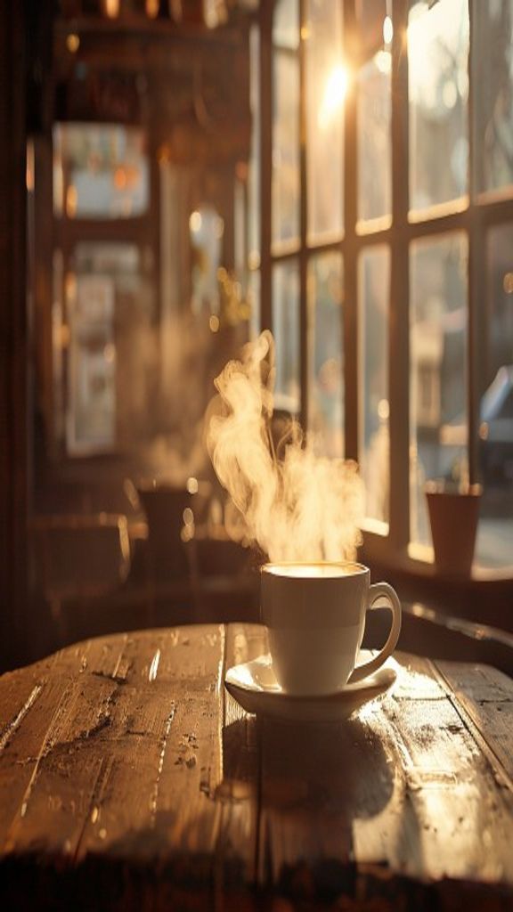 Reference still: steam rising from a flat white on a wooden cafe counter in early morning window light