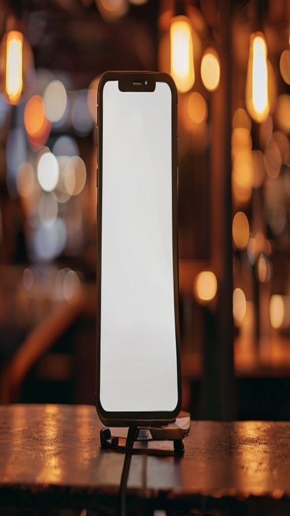 Reference still: a phone standing upright on a cafe counter with a glowing blank vertical screen