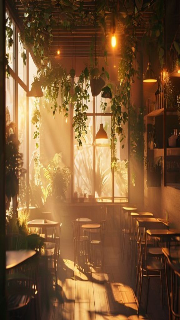 Reference still: a dreamy idealized cafe interior with hanging plants and golden light — generated atmosphere, not a real shop