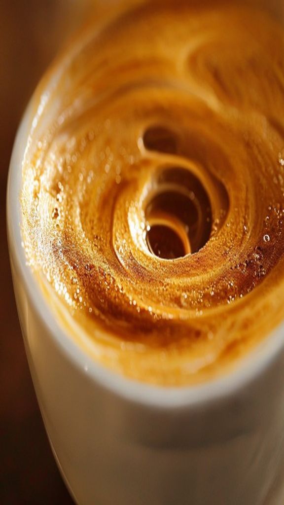 Reference still: extreme close-up of espresso crema swirling in a white cup