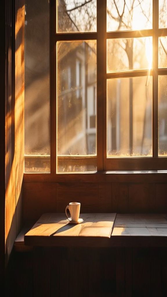 Reference still: an empty cafe window seat at golden hour with a single cup on the sill