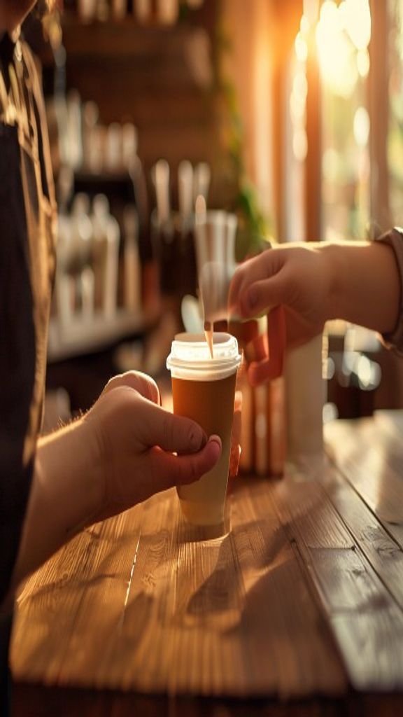 Reference still: a barista passing a takeaway coffee across a wooden counter in warm morning light