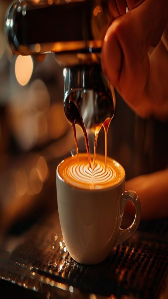 Reference still: espresso pouring into a cup with latte art under warm cafe light