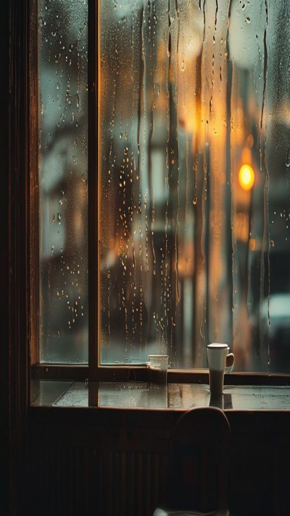 Reference still: rain on a coffee shop window at dawn with a steaming cup on the sill