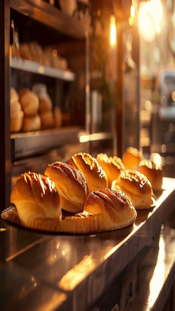 Reference still: fresh cinnamon buns in a warmly lit cafe counter case