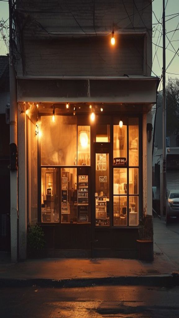 Reference still: a neighbourhood coffee shop storefront glowing warm at dawn on a quiet street