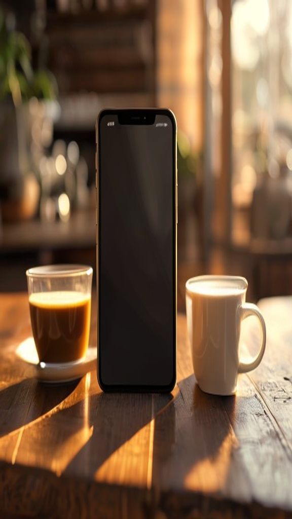 Reference still: a smartphone propped on a wooden cafe counter between an espresso and a mug in morning light