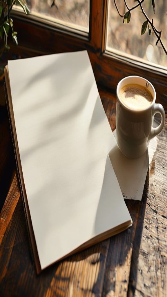 Reference still: an open blank notebook and a fresh espresso on a wooden cafe table by the window