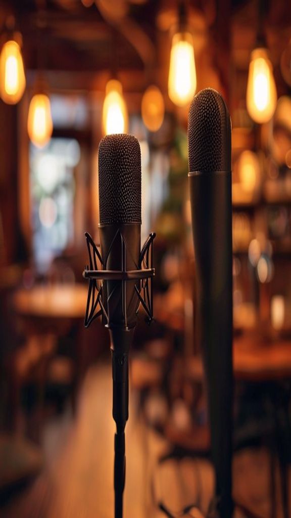 Reference still: a studio microphone in warm light against a blurred cozy cafe background