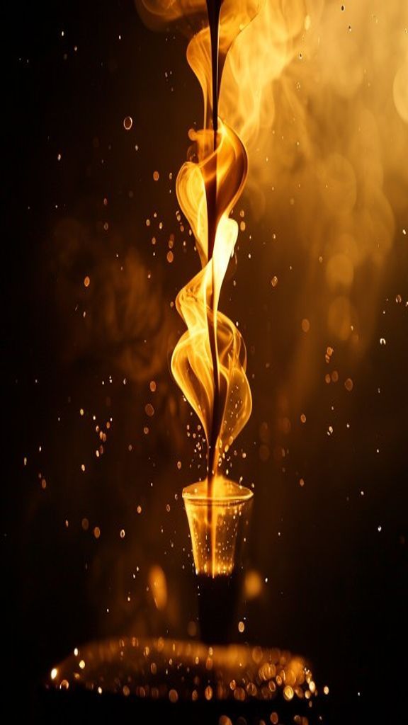 Reference still: a cinematic slow pour of coffee with swirling golden steam against a dark background