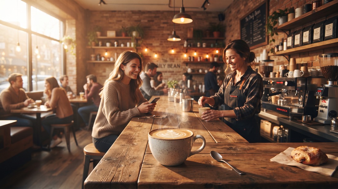A coffee-shop promo still in the ReelSeconds output style